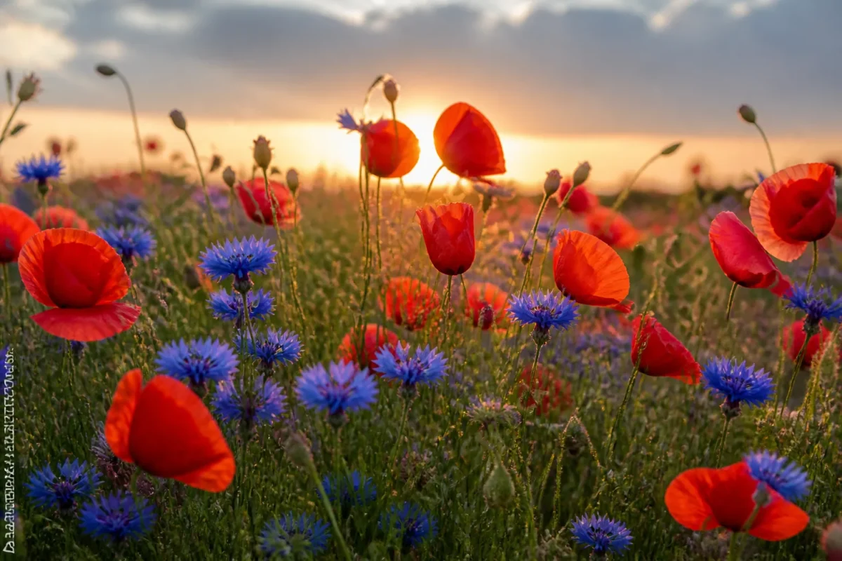 Prairie fleurie de coquelicots et bleuets au soleil