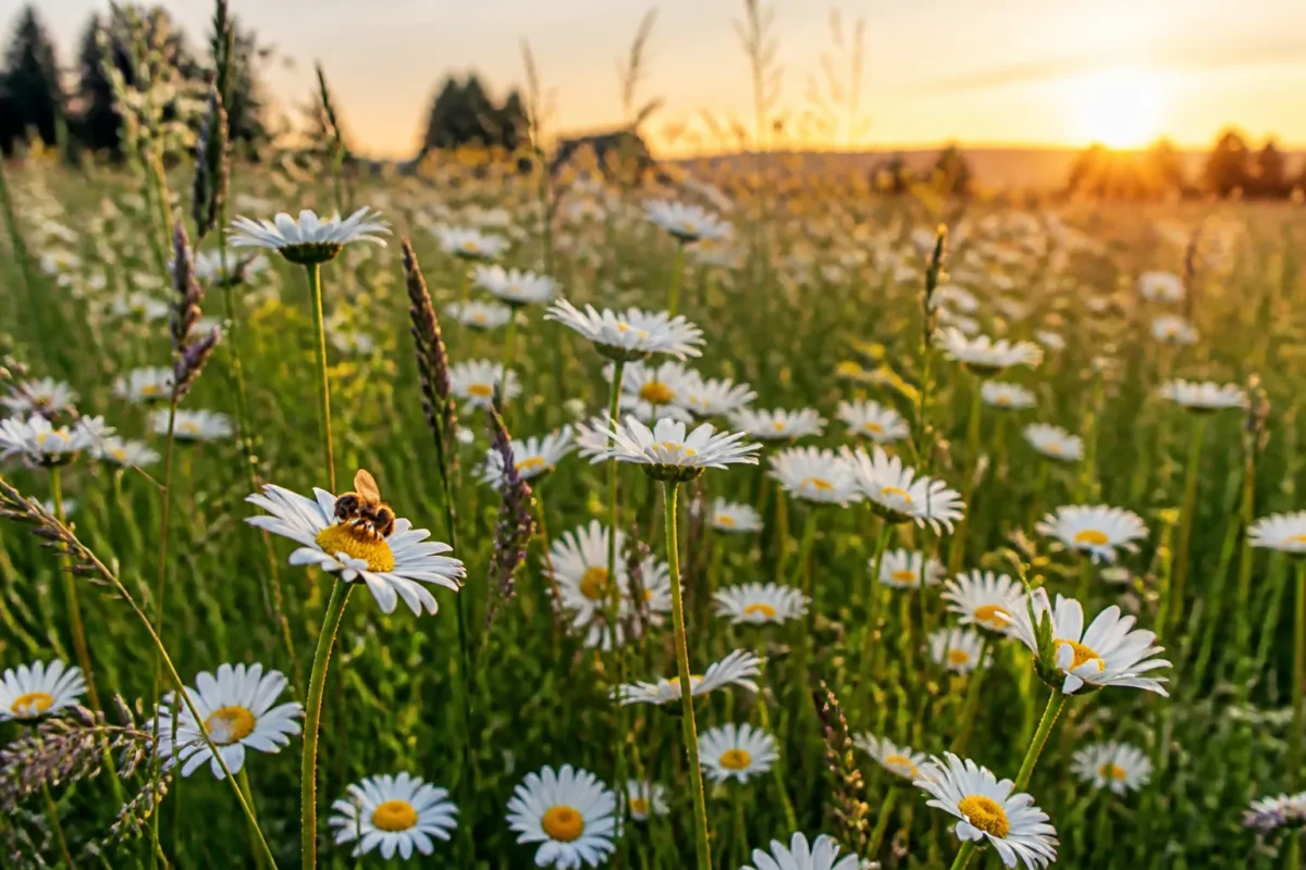 Prairie fleurie avec marguerites sauvages et abeilles butinant