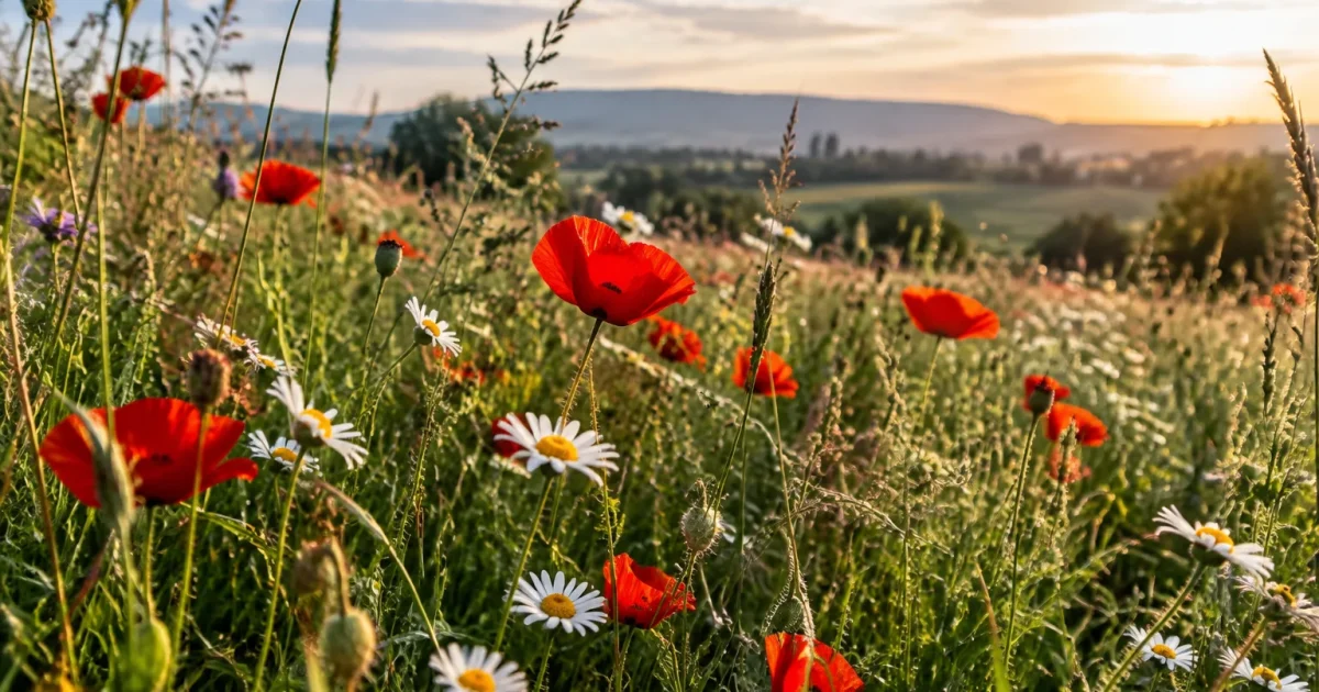 Pre fleuri coquelicots marguerites herbes hautes au premier plan