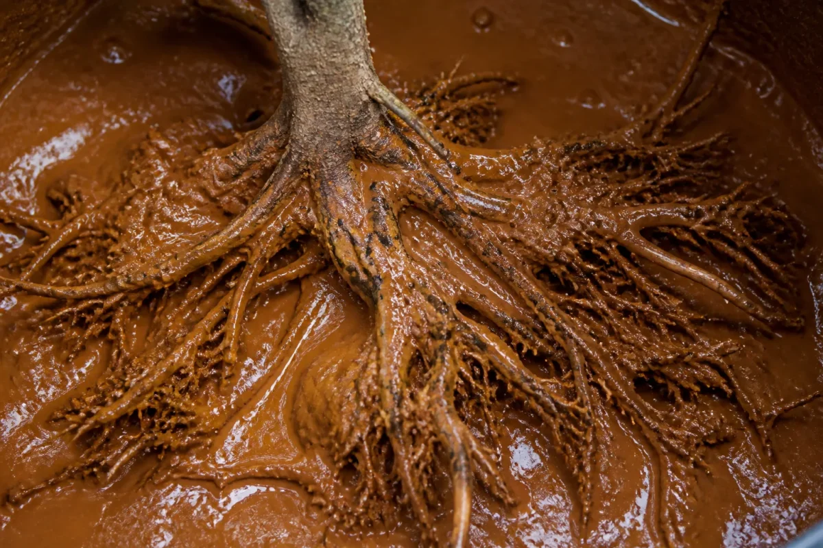 Racines nues d'arbre immergees dans une pate marron epaise
