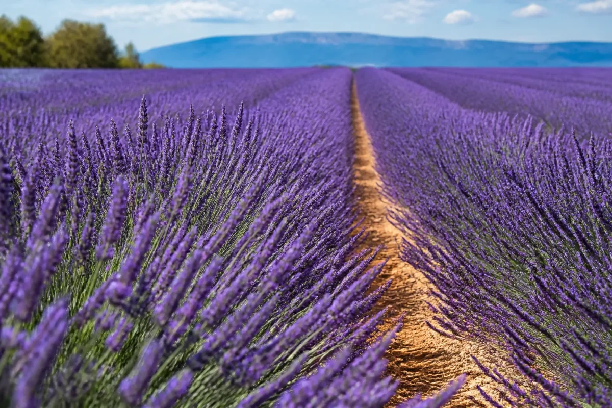 Rangees de lavandes violettes en fleurs, epis dresses