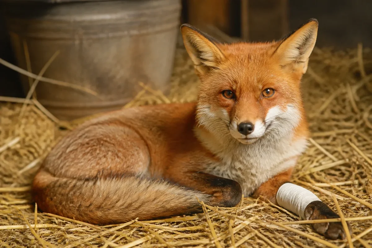 Renard roux immobile sur la paille, patte avant bandee