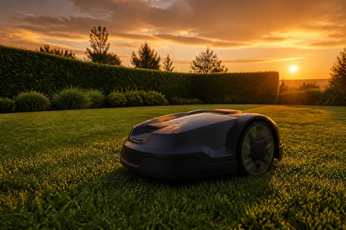 Robot tondeuse immobile sur pelouse au coucher du soleil