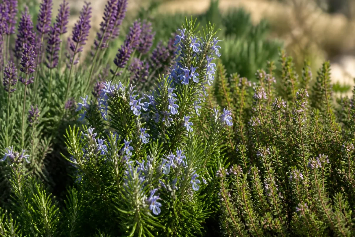 Romarin fleuri entoure de lavande et thym
