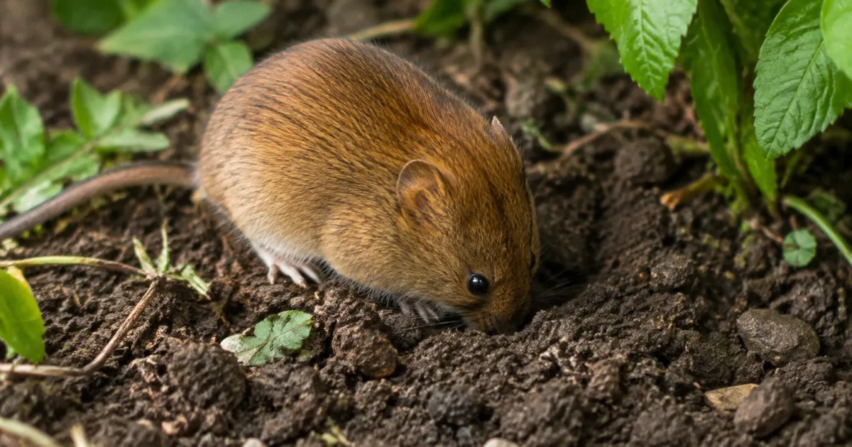 Petit rongeur roux accroupi, museau dans la terre brune