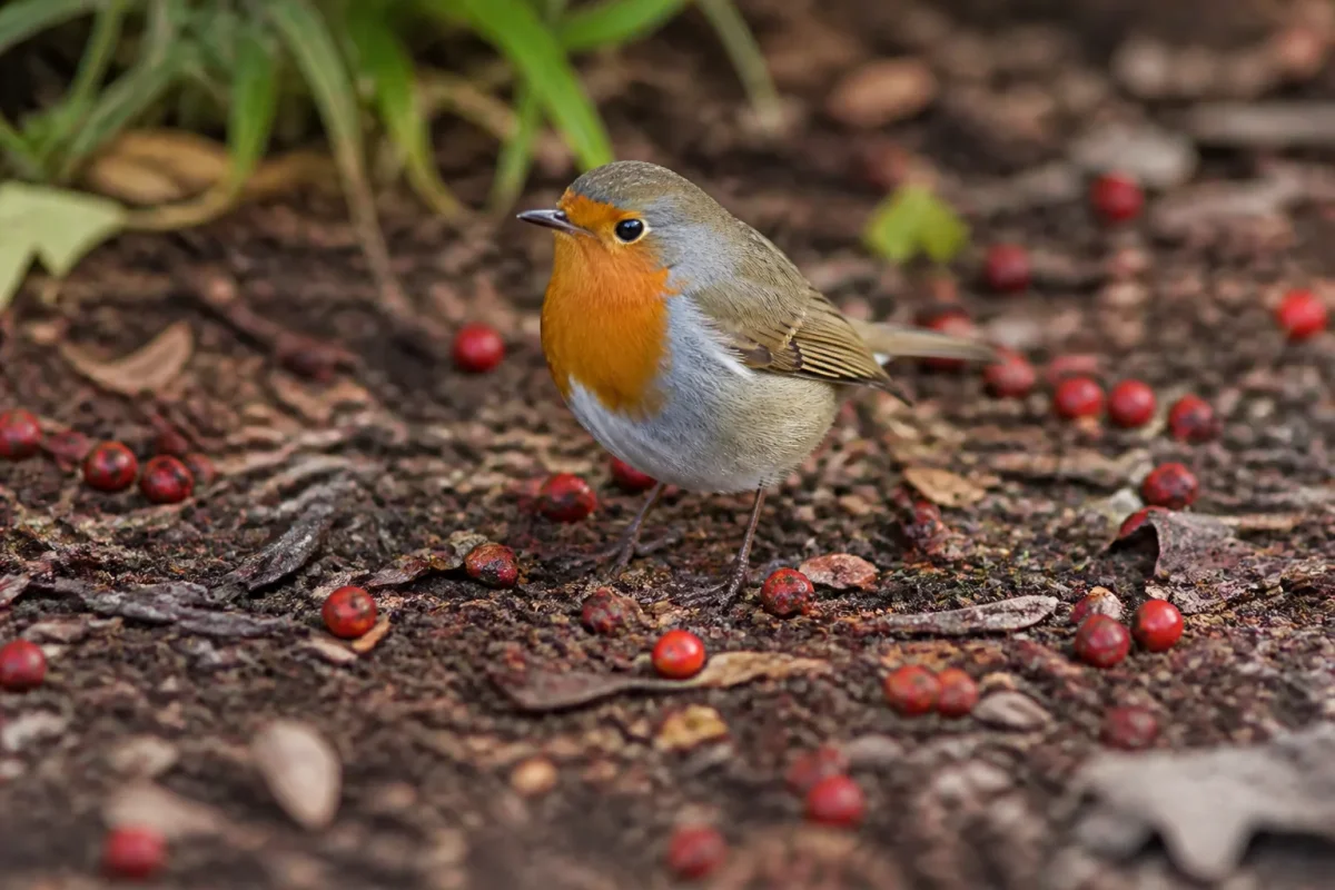 Rouge-gorge sautille sur un sol brun, baies rouges visibles