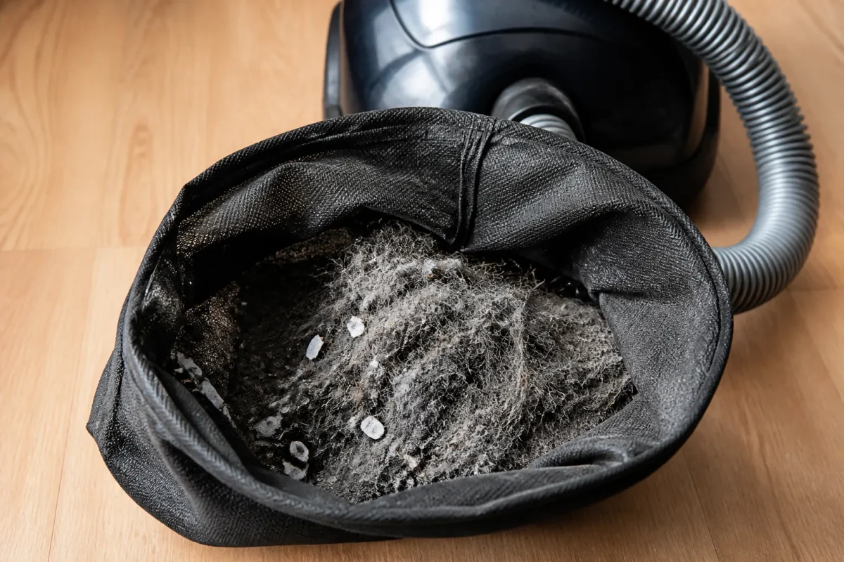 Sac aspirateur noir rempli poussiere cheveux