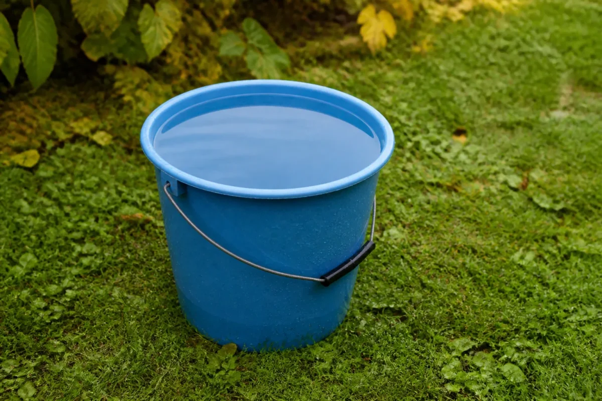 Seau plastique rempli d'eau de pluie sur gazon