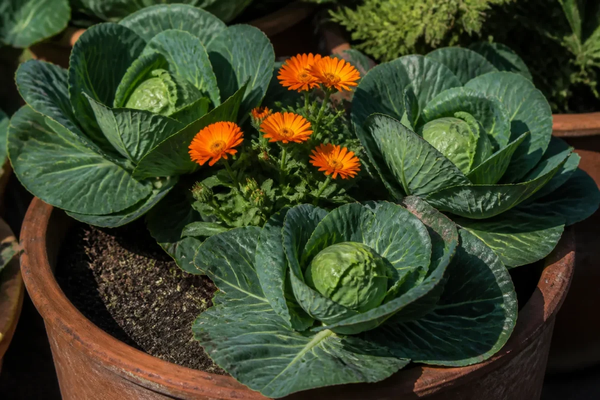 Souci orange entre choux verts dans un potager