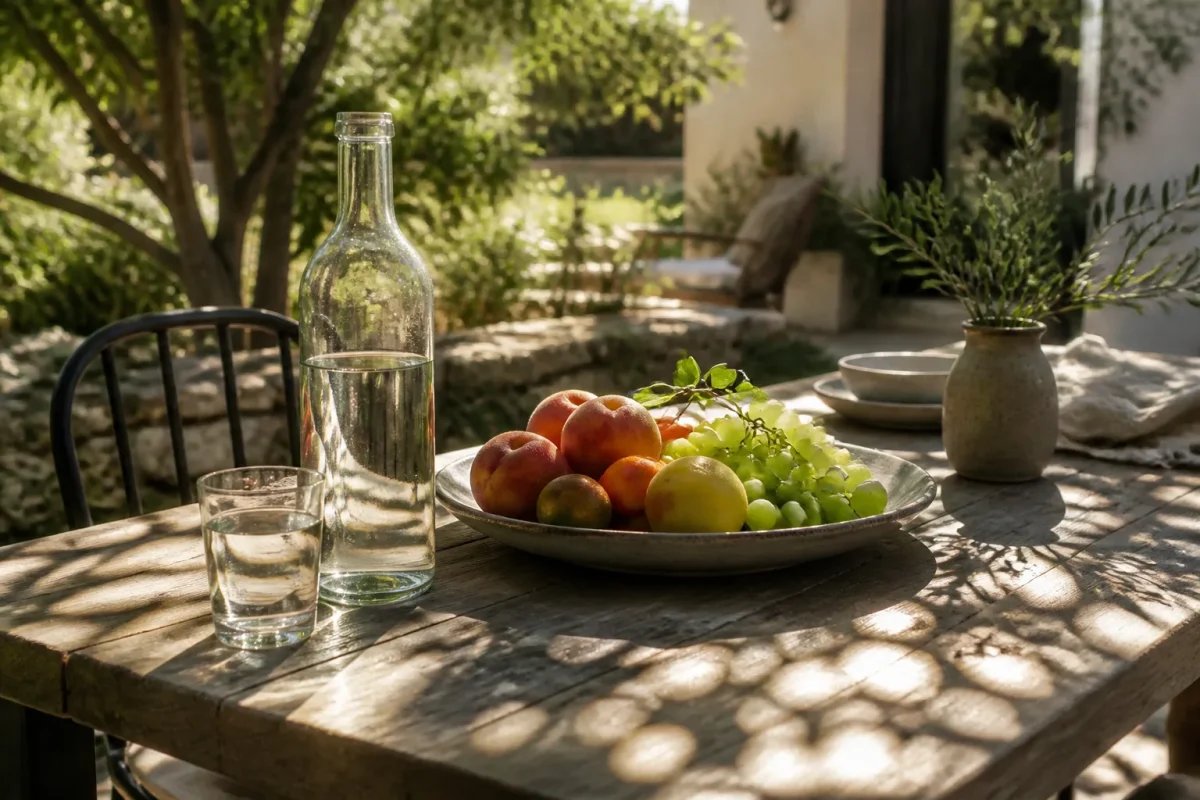 Table de jardin avec assiette de fruits et bouteille
