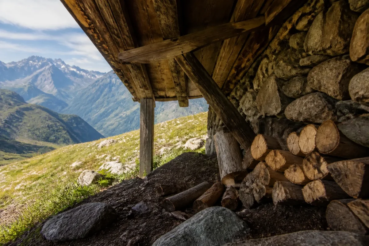 Talus herbeux abrite sous un cabanon en bois