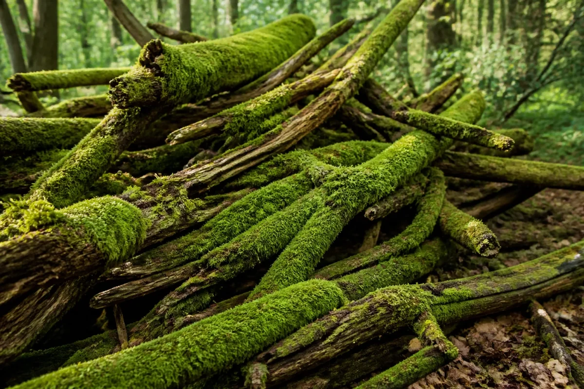 Tas de bois mort couvert de mousse verte