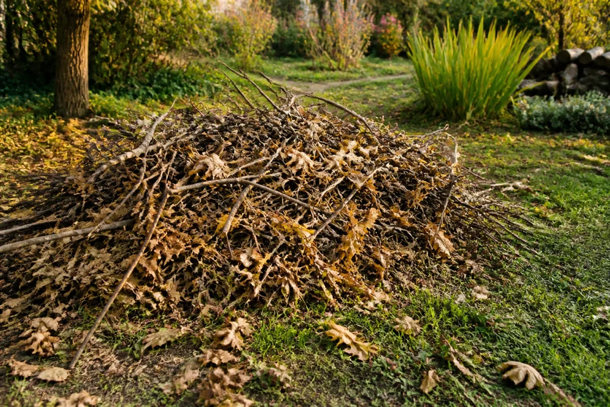 Tas de branches et feuilles mortes dans un jardin