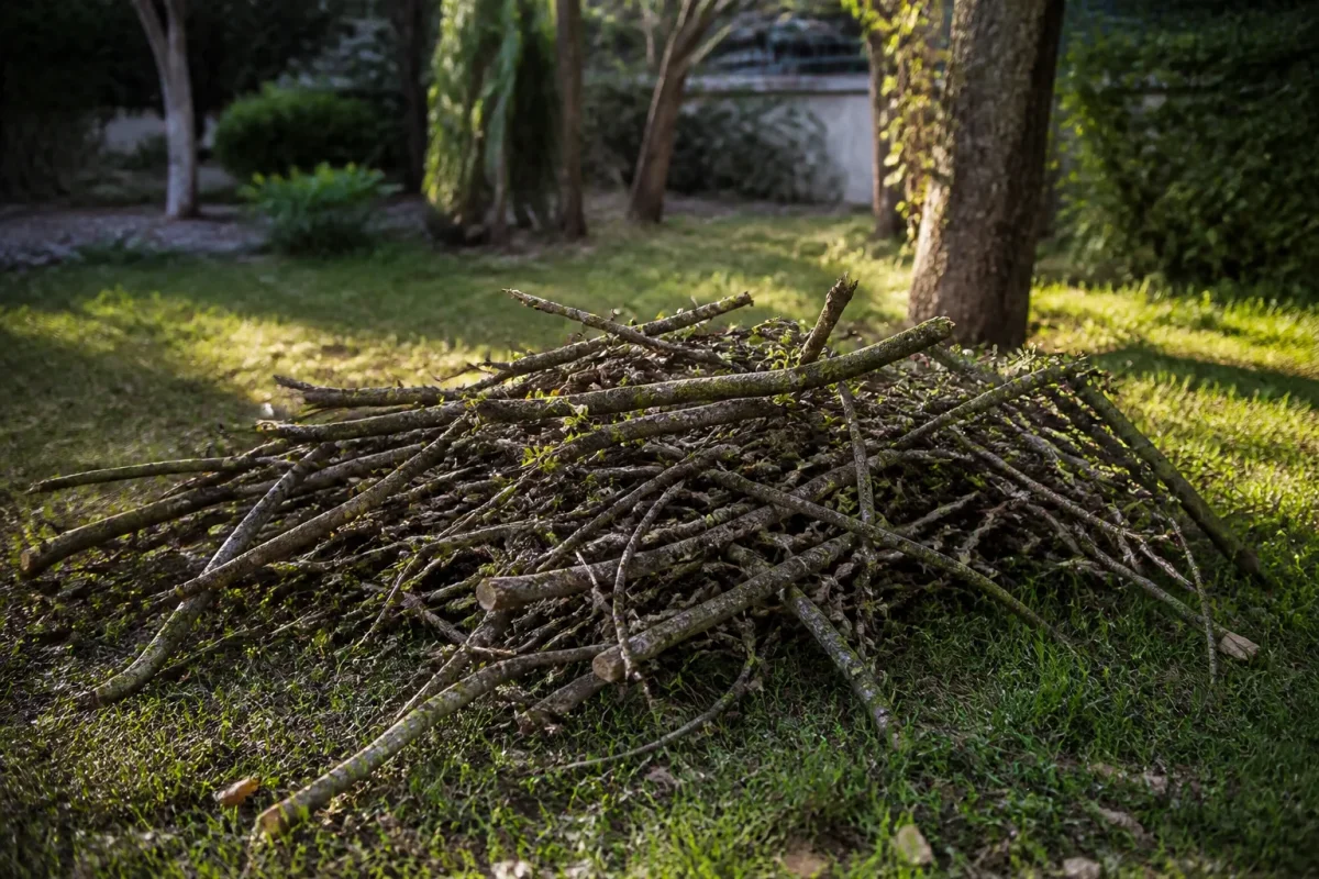 Tas de branches mortes dans un jardin
