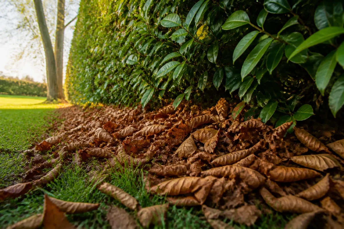 Tas de feuilles brunes au pied de la haie