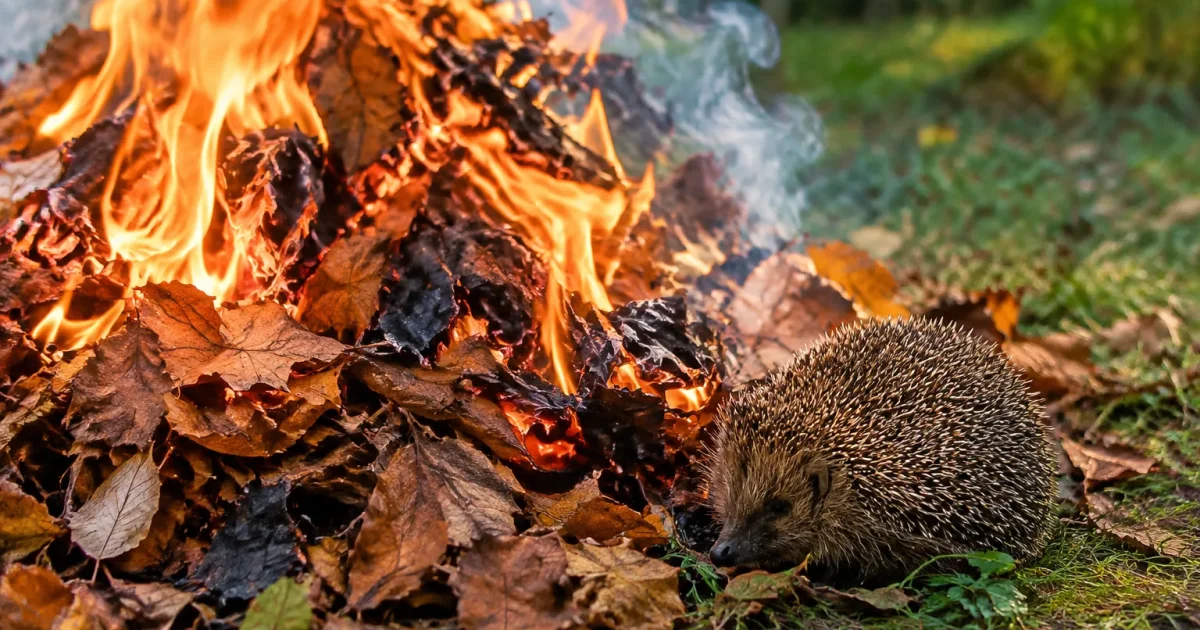 Tas de feuilles en feu, herisson recroqueville au bord