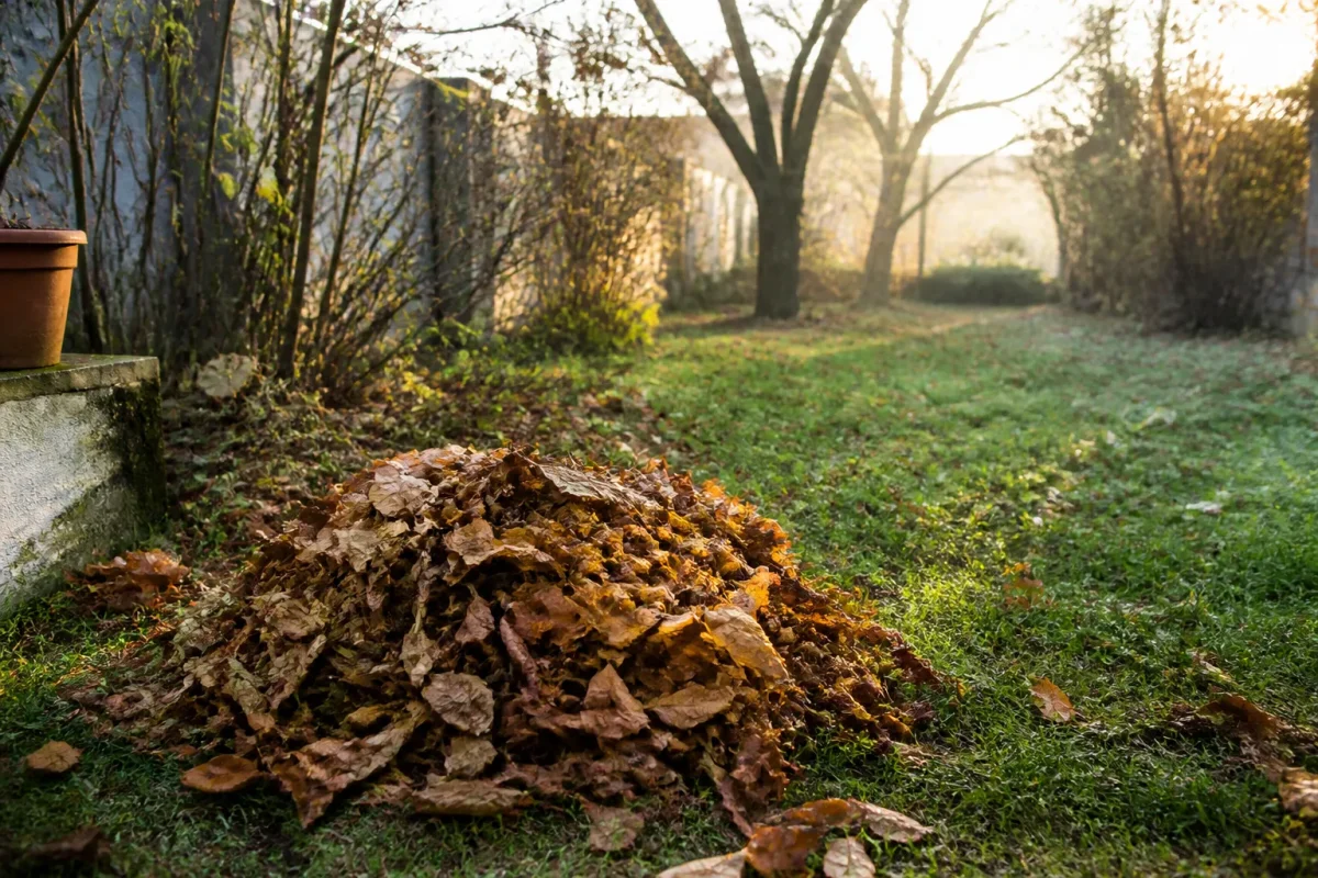 Tas de feuilles mortes au fond du jardin