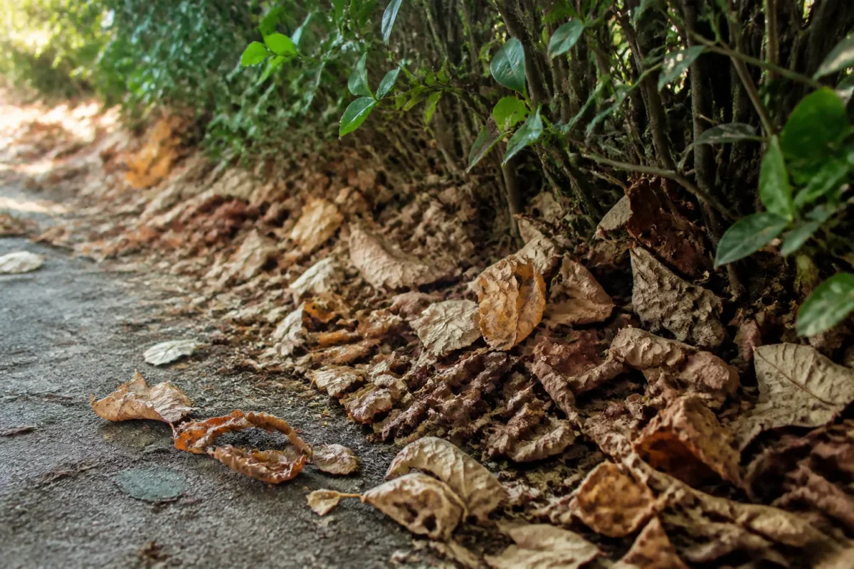 Tas de feuilles mortes au pied d'une haie