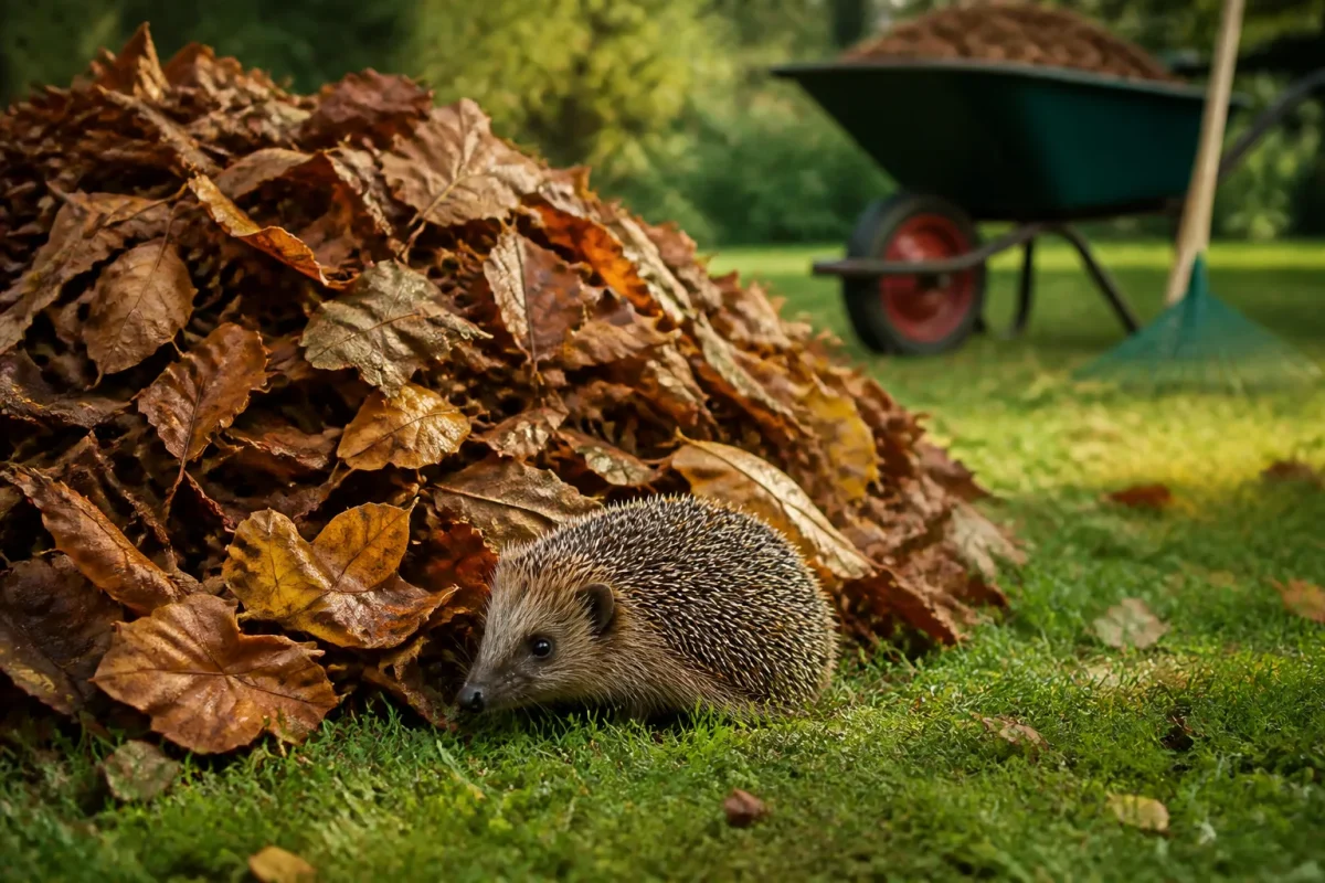 Tas de feuilles mortes au jardin avec un herisson