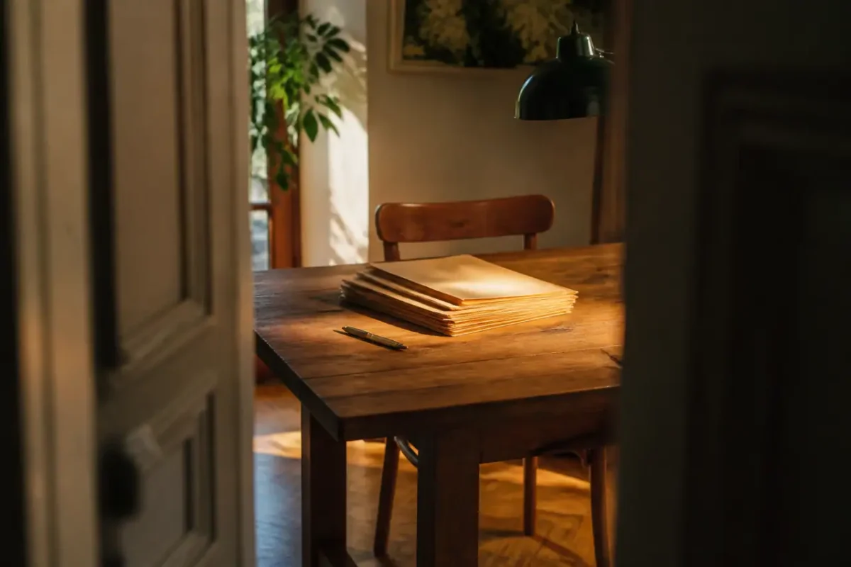Tavolo di legno con cartelle e penna accanto