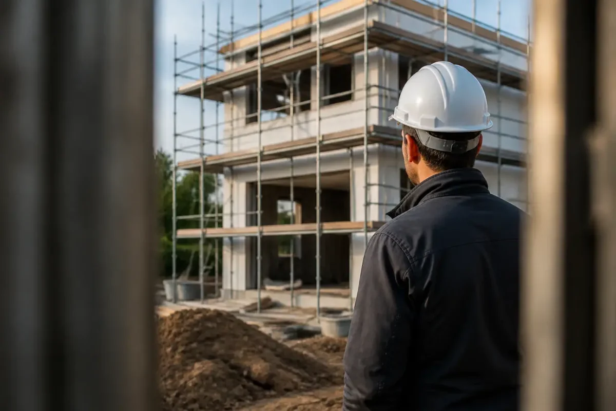 Tecnico con casco osserva una casa in cantiere