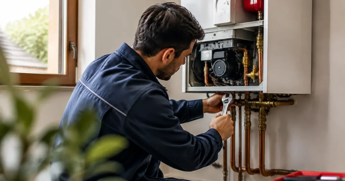 Tecnico inginocchiato controlla caldaia murale con chiave inglese