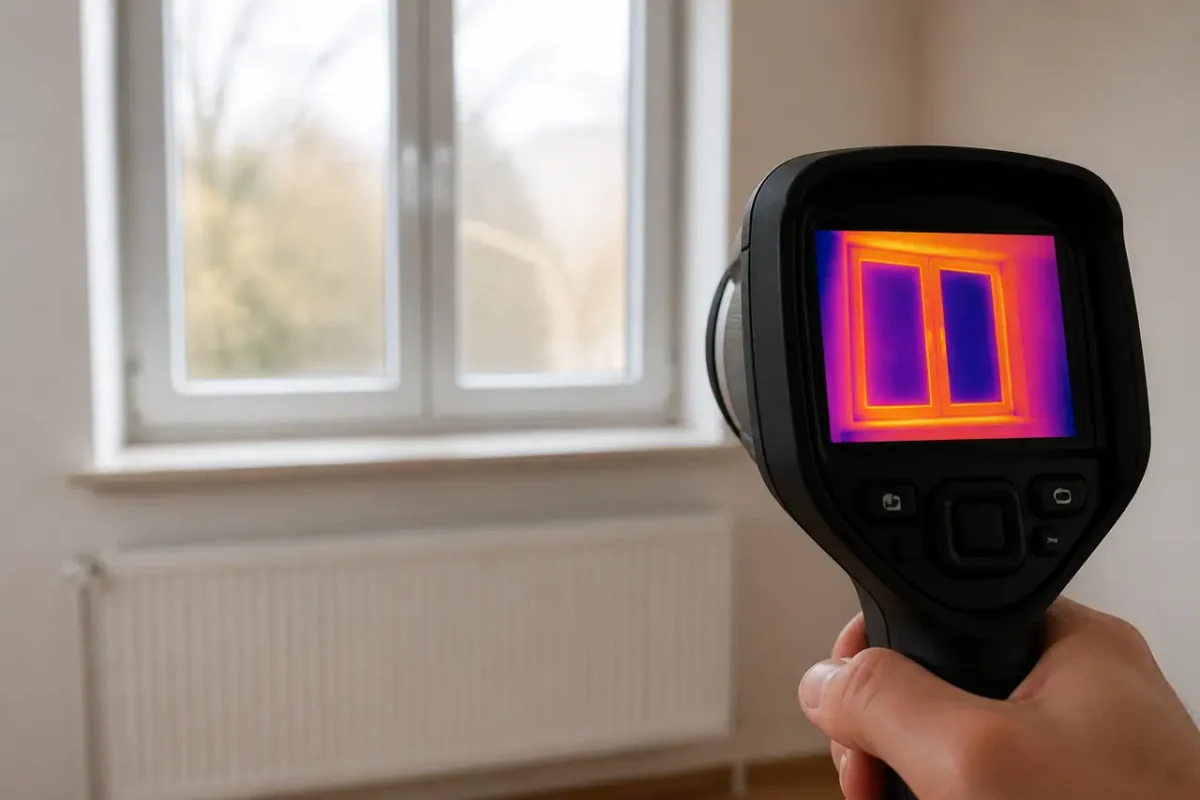 Tecnico con termocamera inquadra una finestra in una casa