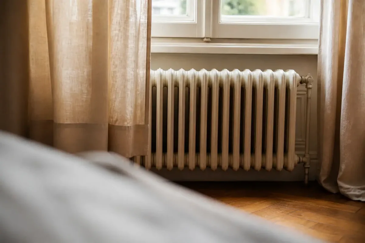 Termosifone in ghisa sotto finestra con tenda beige