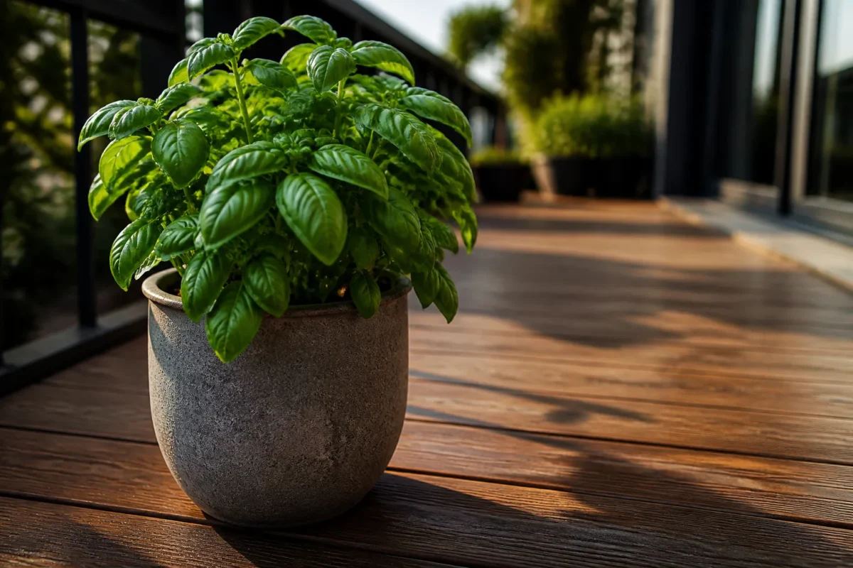 Terrasse en bois propre avec pot de basilic