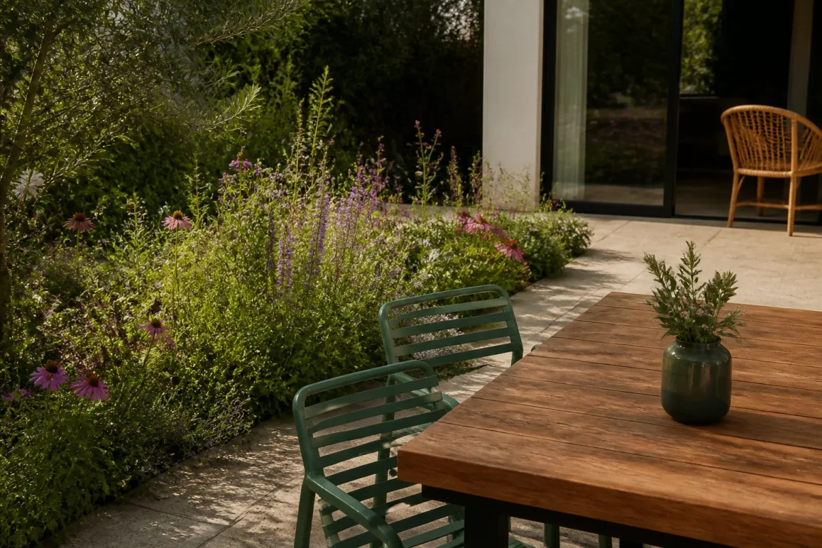 Terrasse propre avec table et massif fleuri sauvage