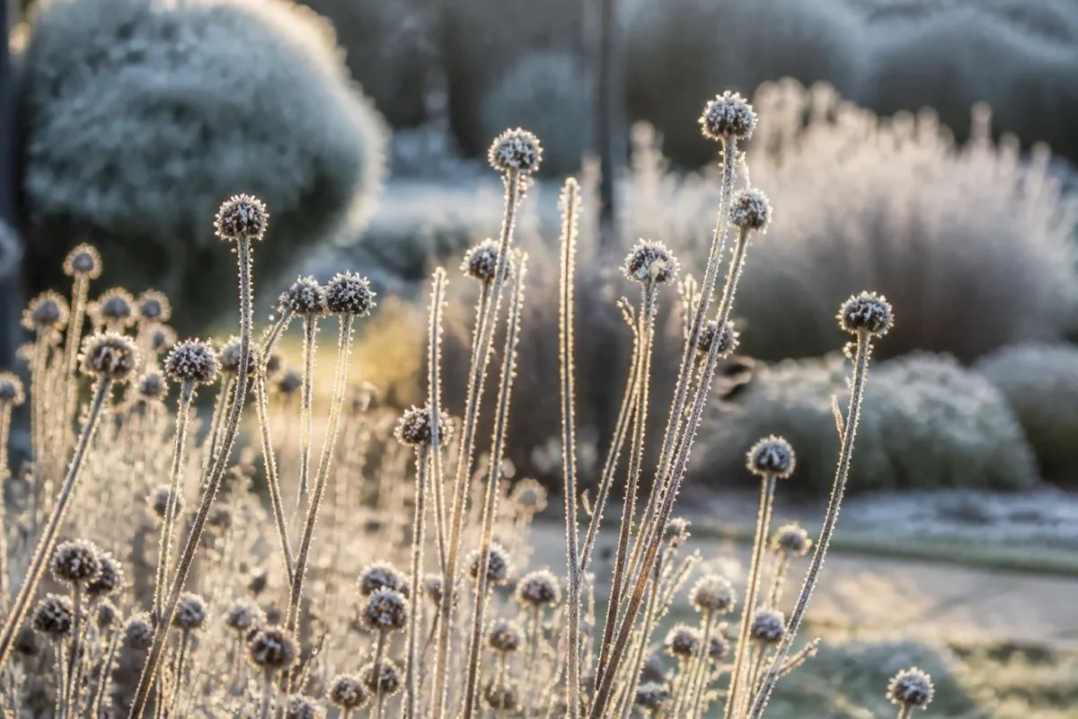 Tiges seches dressees couvertes de givre dans un jardin