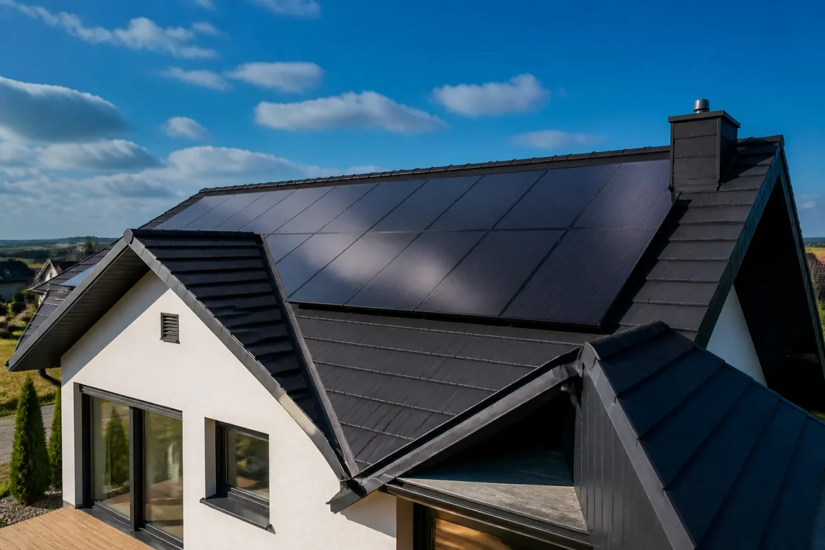 Toit maison panneaux solaires noirs isolation thermique