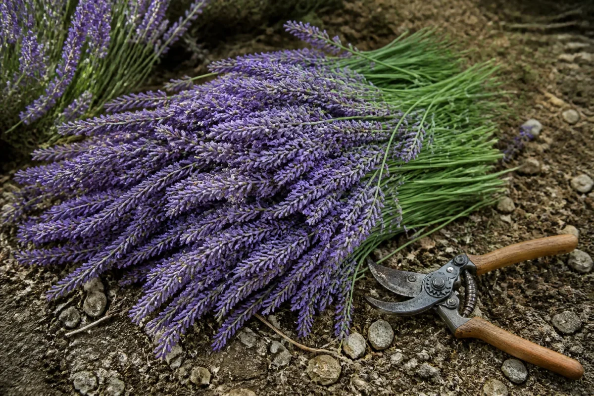 Touffe de lavande mauve et secateur pose au sol