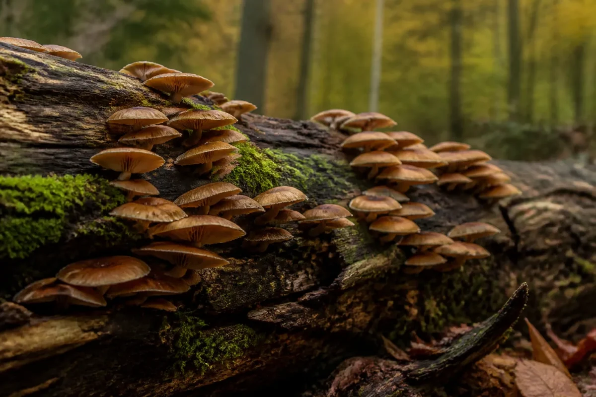 Tronc de chene mort couvert de champignons bruns