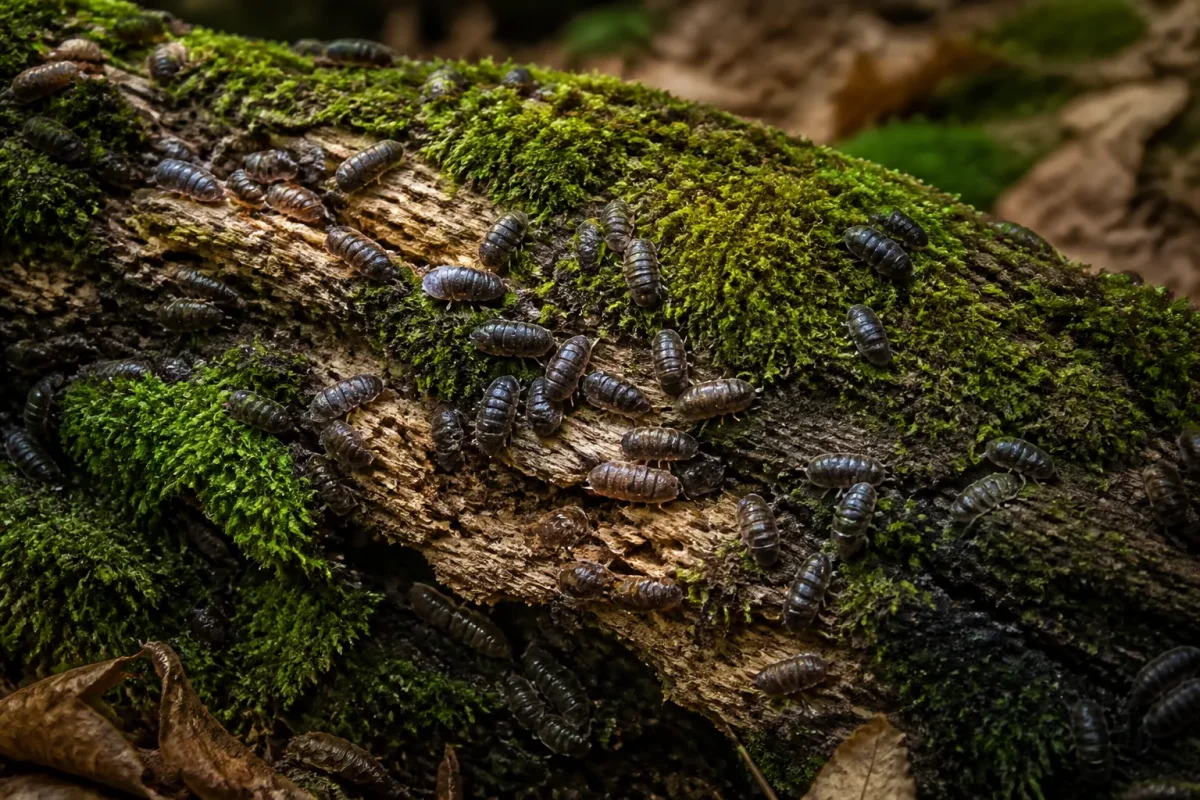 Tronc couché couvert de mousse et de cloportes