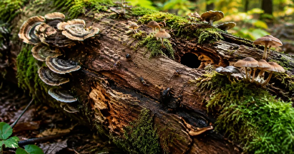 Tronc mort couché au sol abritant insectes et champignons