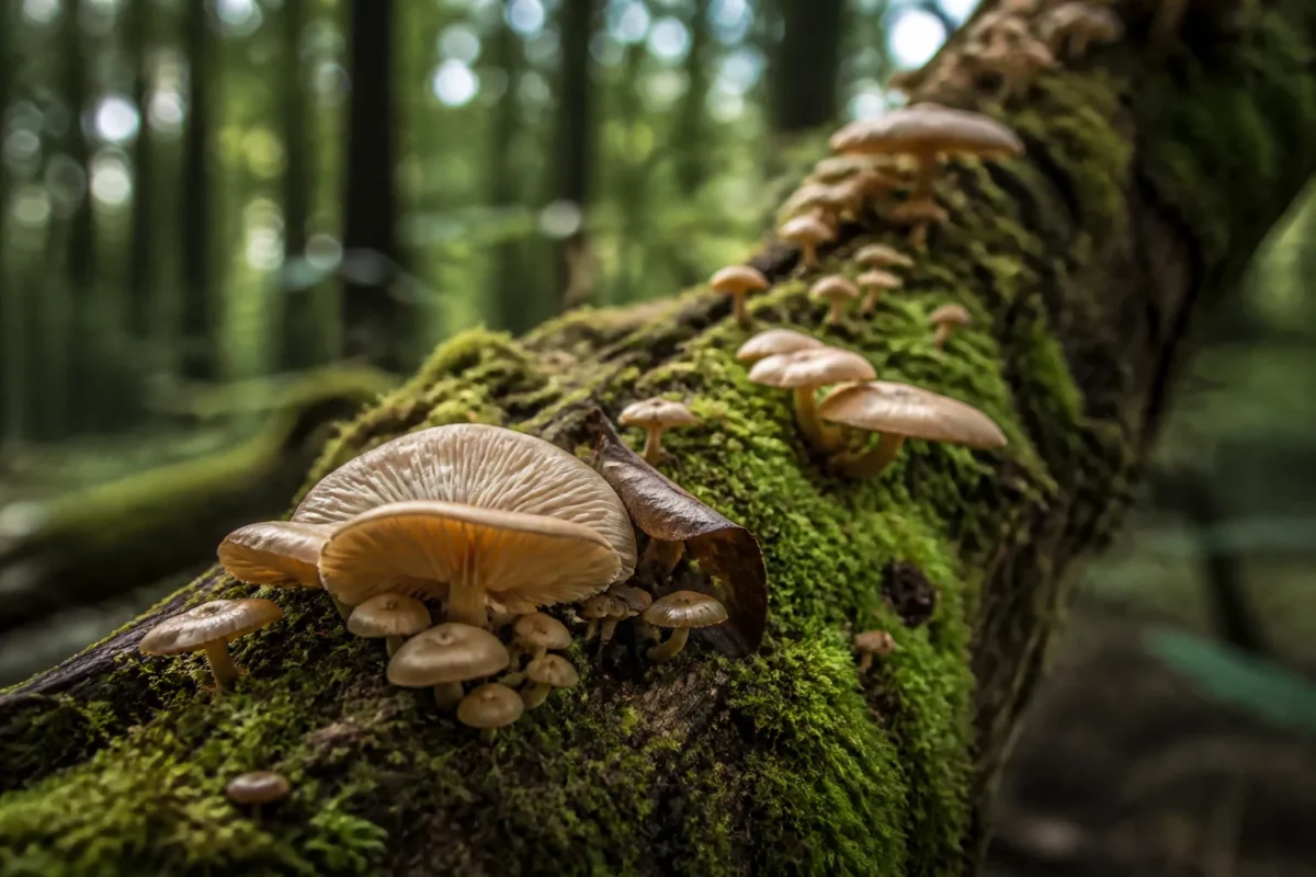 Tronc moussu couche en foret avec champignons