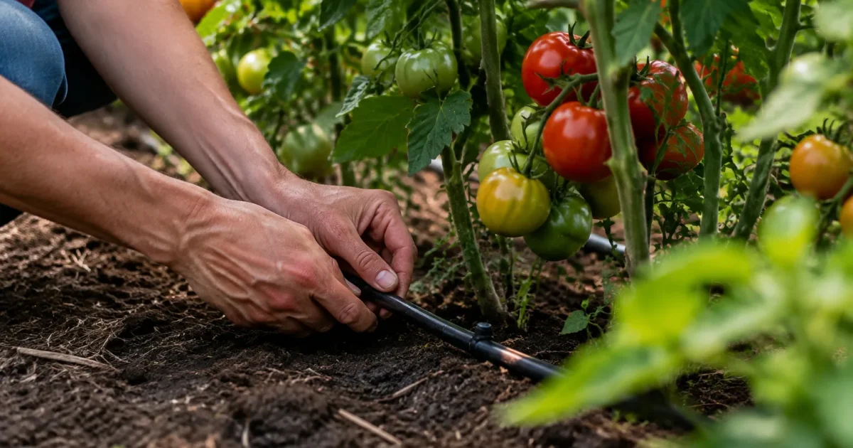 Tuyau goutte-a-goutte pose au pied des tomates