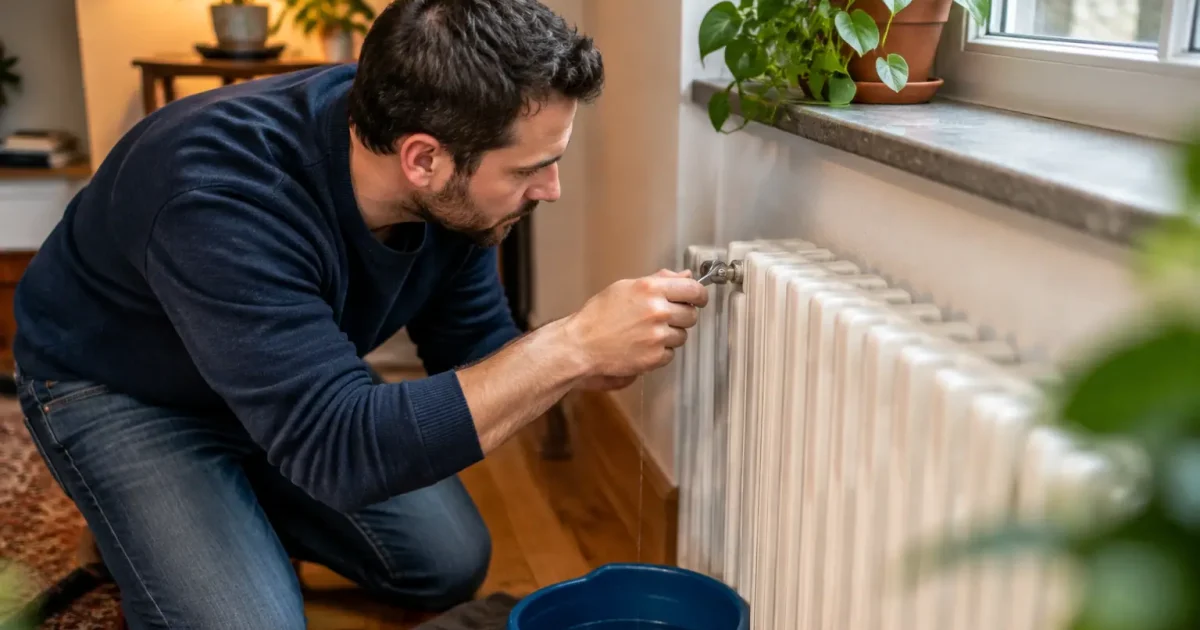 Uomo in ginocchio spurga aria da termosifone con chiave