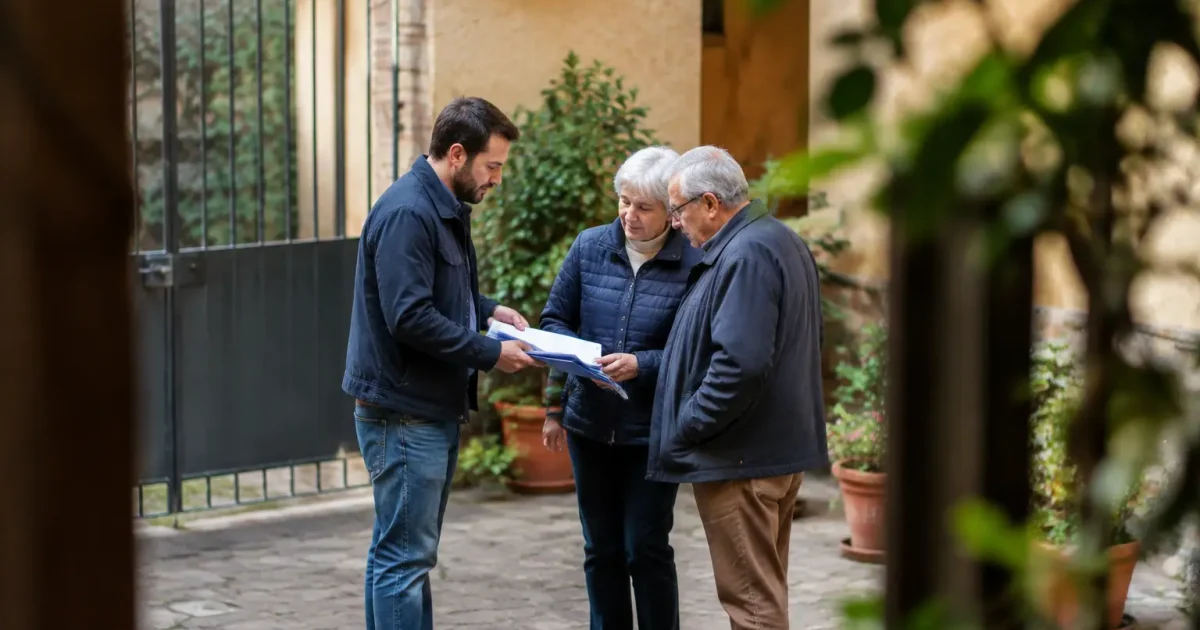 Uomo in piedi consegna cartelle ai residenti nel cortile