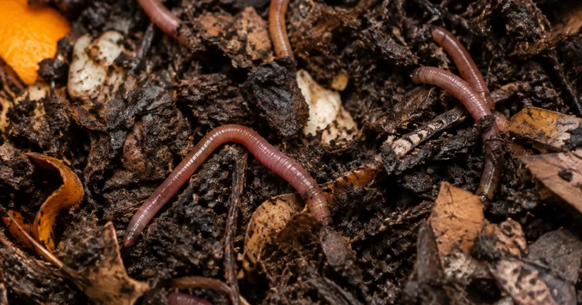 Vers de terre dans un tas de compost brun
