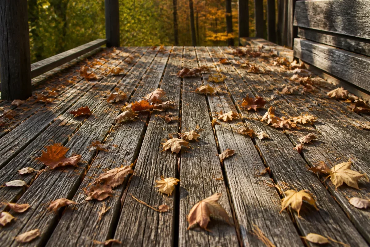 Vieilles lattes de bois gris couvertes de feuilles mortes